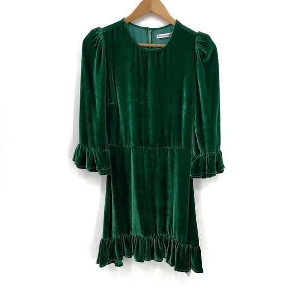 REFORMATION GREEN VELVET MINI RUFFLE HOLIDAY DRESS SIZE 2